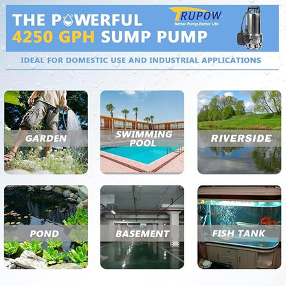 Trupow 1.5HP 110v Submersible Sewage Drain Flood Stainless Steel Clean/Dirty Water Sump Transfer Pond Garden Pump