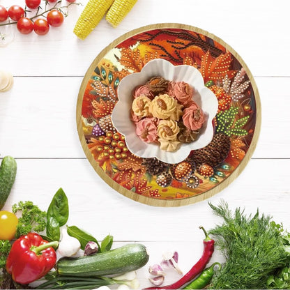 ARTopet DIY Diamond Round Serving Tray Diamond Art Painting Creative Design Handmade Bamboo Tray Dinner Plate for Coffee Breakfast Home Organizer-Fall Pumpkins