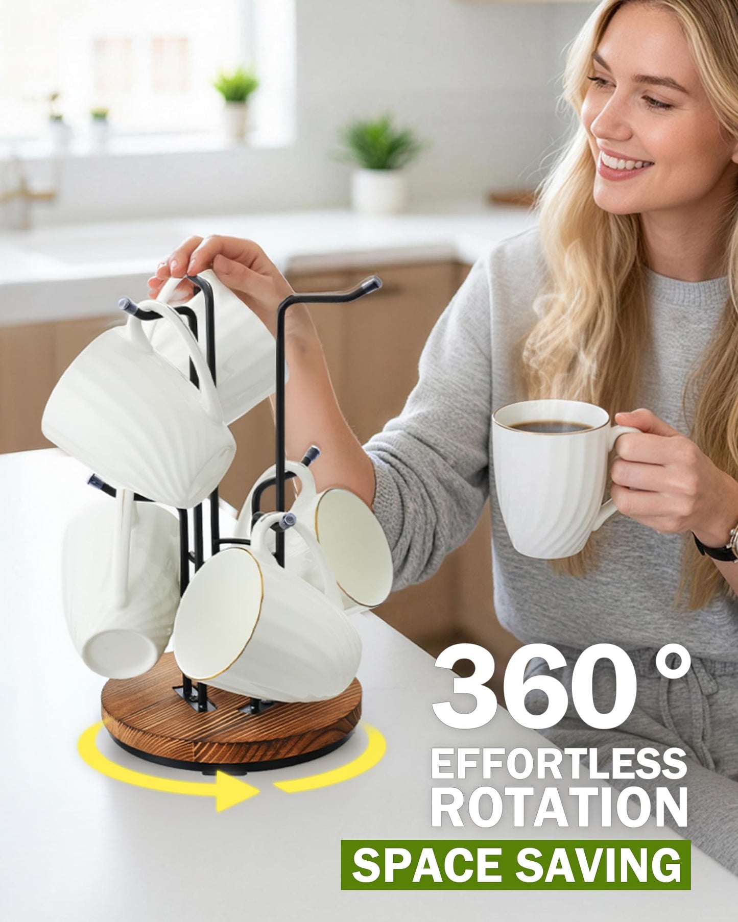 Vosturdy 360° Rotating Large Mug Tree for Counter, Coffee Mug Holder with 6 Hooks, Cup Holder Stand for Countertop, Metal Cup Tree Rack with Weighted Wood Base, Kitchen Coffee Bar Decor Display
