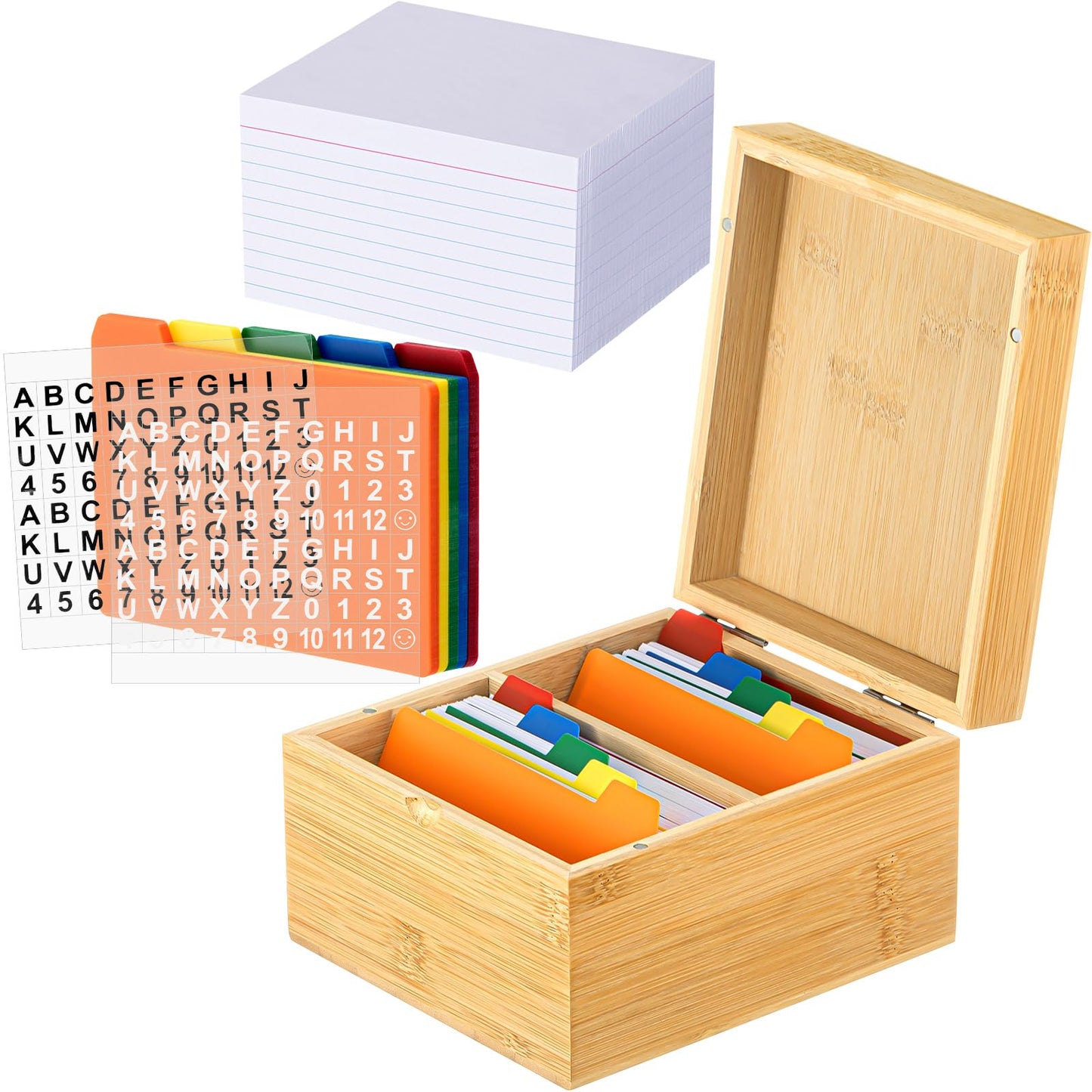 Henoyso 3 x 5 Inch Index Card Holder Set, Bamboo Organizer Box with 300 Note Cards, 30 Dividers & 2 Sticker Sheets, Holds 1200 Cards for Office Business Home Kitchen, Natural Wood