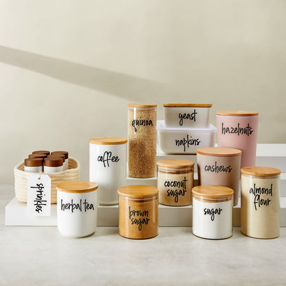 Talented Kitchen Pantry Labels for Food Containers 157 Piece - Preprinted Black Script Kitchen Food Organization Labels for Storage and Jars (Water-Resistant)