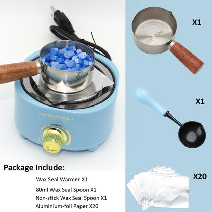 Andotopee Electric Wax Seal Warmer and Spoon Kit with 80ml Spoon, Non-Stick Sealing Wax Spoon, Tinfoil for Fast Melting Beads and Sticks - Sealing Melting Furnace Set for Stamp Seals Craft, Blue