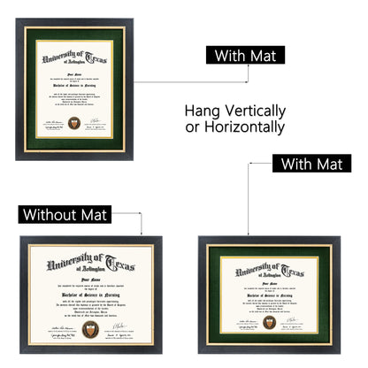 GMFrames 8.5x11 Wood Diploma Frame with Green Mat or Display 11x14 Certificates without Mat,Tempered Glass,Rustic Black Finish with Gold Trim