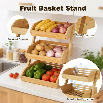SYEIIYU 2 Tier Fruit Basket For Kitchen, Bamboo Vegetable Storage Bowl Stand with Banana Hanger Hooks, Produce Storage Wooden Basket, Snack Organizer for Countertop, Kitchen Counter Storage