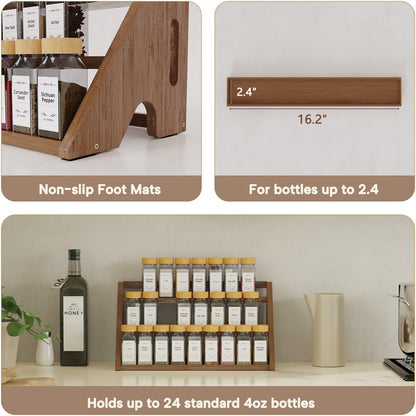 CCHIDG Bamboo Spice Rack Organizer -3-Tier Spice Rack for Countertop,Cabinet Spice Rack Organizer for 24 Spice Jars(4oz)，Step Shelf (Walnut)