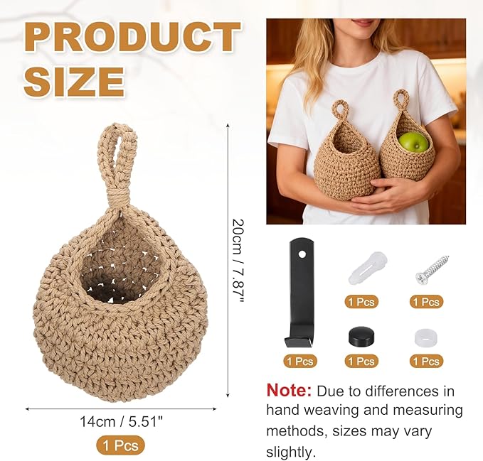 uxcell Hanging Fruit Baskets for Kitchen, Hand-Woven Wall Hanging Storage Jute