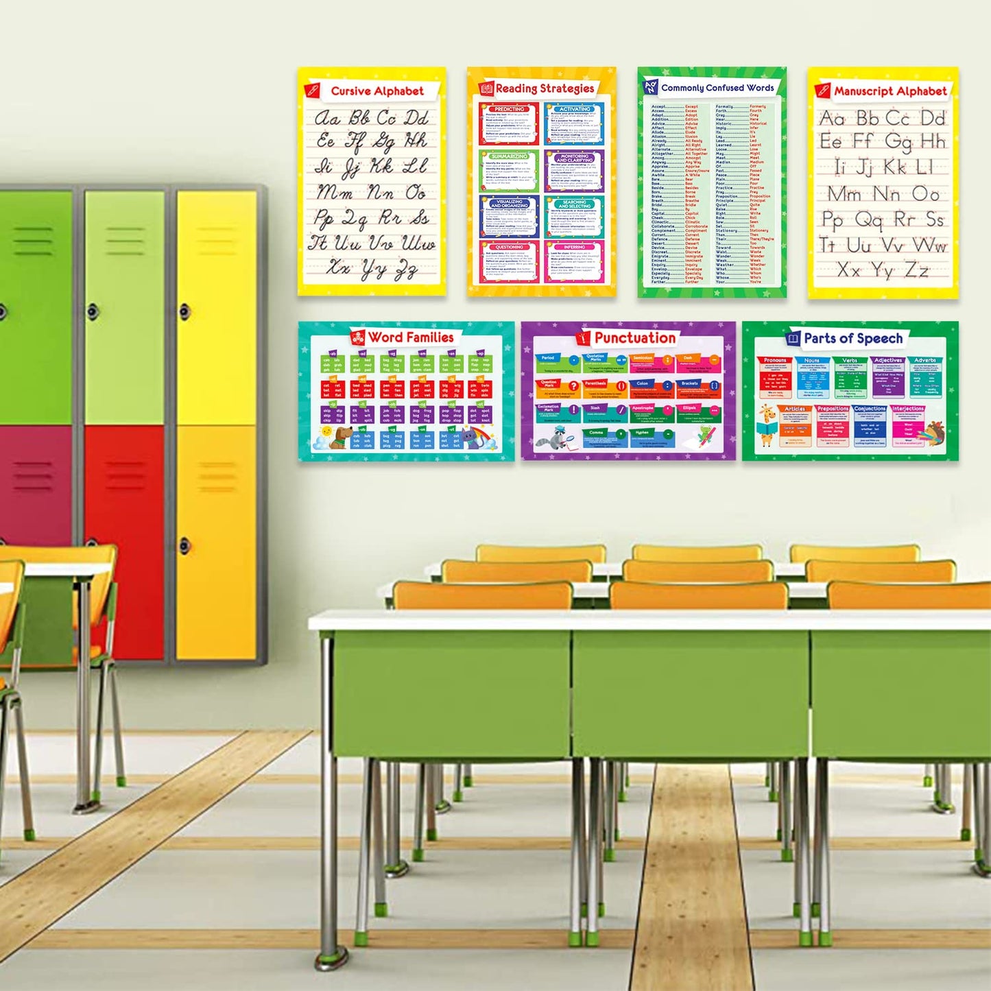 32 Set of 59 Educational Posters for Kids - Alphabet Chart, Periodic Table, USA, World Map, Multiplication Charts, Science Posters, Division Chart, Calendar, Sight Words, Homeschool Supplies - 17x11