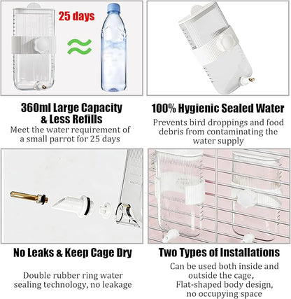 Automatic Bird Feeder Waterer Kit Bird Cage Hanging Waterer Parakeet Leak-Proof Feeder Parrot Vegetable Clips Cage Accessories for Budgies Lovebirds Finches Canaries Parrotlets Conures (White)