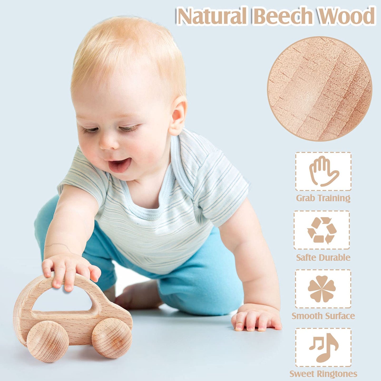 Zhanmai 5 Pcs Wooden Baby Toys Montessori Toys for 0-6-12 Months Sensory Baby Rattles with Bells Push Car Wooden Newborn Boys and Girls Gifts for Toddlers 1-3 Years Infant Grasping Sensory Development