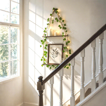 Artilady Artificial Ivy Macrame Hanging Shelves 3 Tier with Lights Boho Wall Decor, Rustic Wood Flaoting Shelf Plant Storage Rack for Bedroom Bathroom Living Room Nursery
