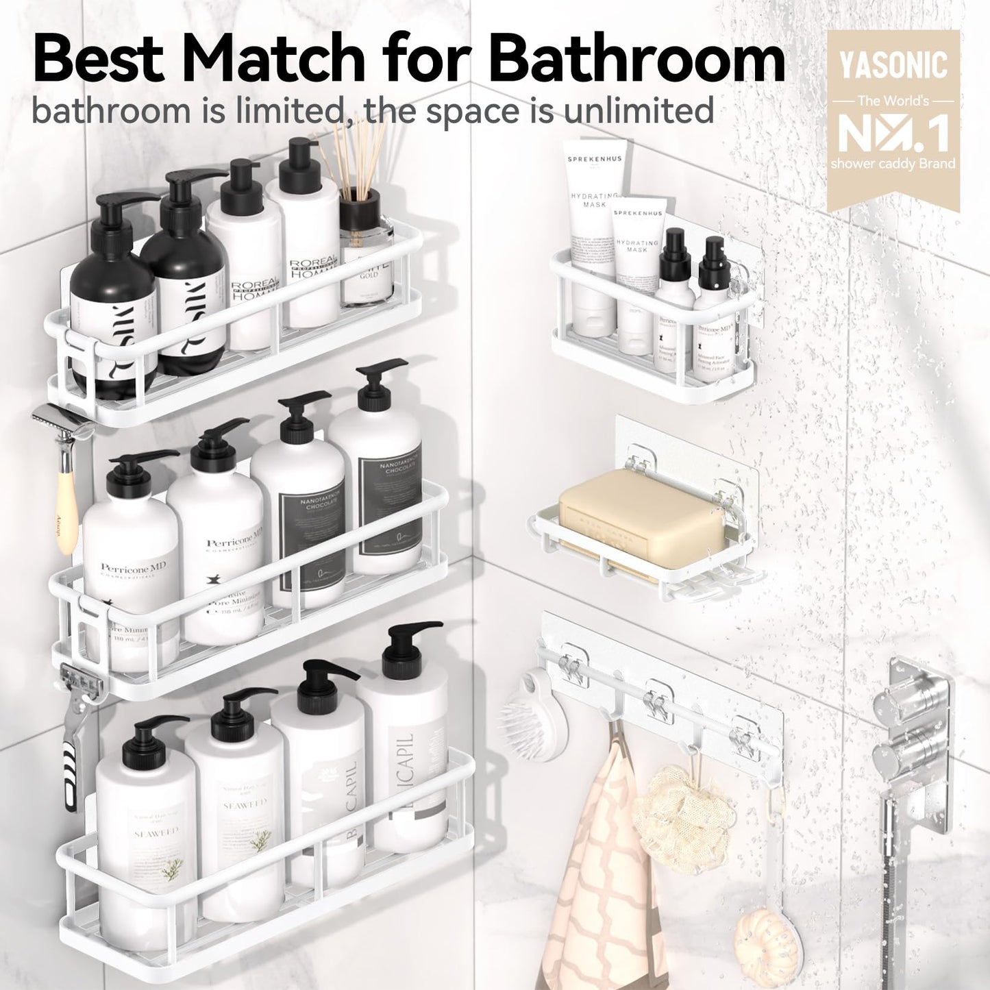 YASONIC Shower Caddy, 100% Rustproof Shower Shelves for Inside Shower, No Drilling Bathroom Organizers and Storage, 6 Pack Large Capacity Bathroom Shelves for Kitchen & Home Decor