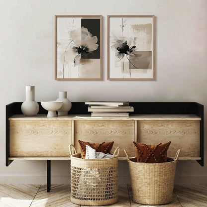 2Pcs Framed Black and White Flower Abstract Wall Art Modern Neutral Canvas Prints Posters Pictures Gallery Wall Decor Living Room Bedroom Office Apartment 12X16 Inch Ready to Hang