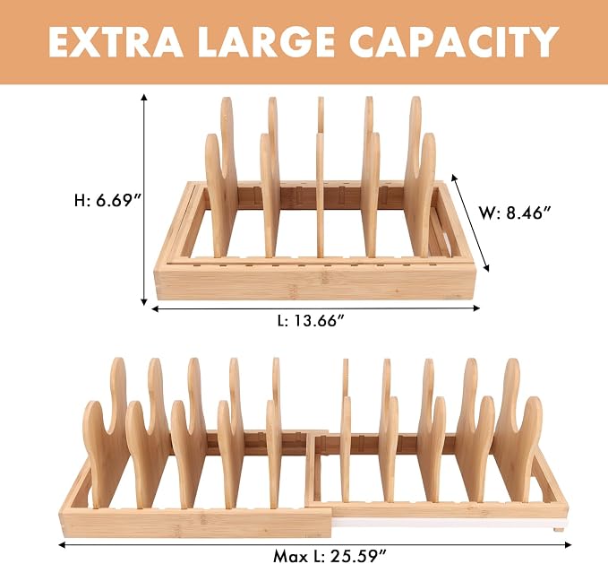 MEKER Pot Lid Holders, Cabinet Organizer for Food Contanier Lid, Bamboo Expandable Bakeware for Under Cabinet, Adjustable Dividers, Pot Lids Holder Rack, Cookie Sheet Baking Pan, Tray Organizer, 10PCS