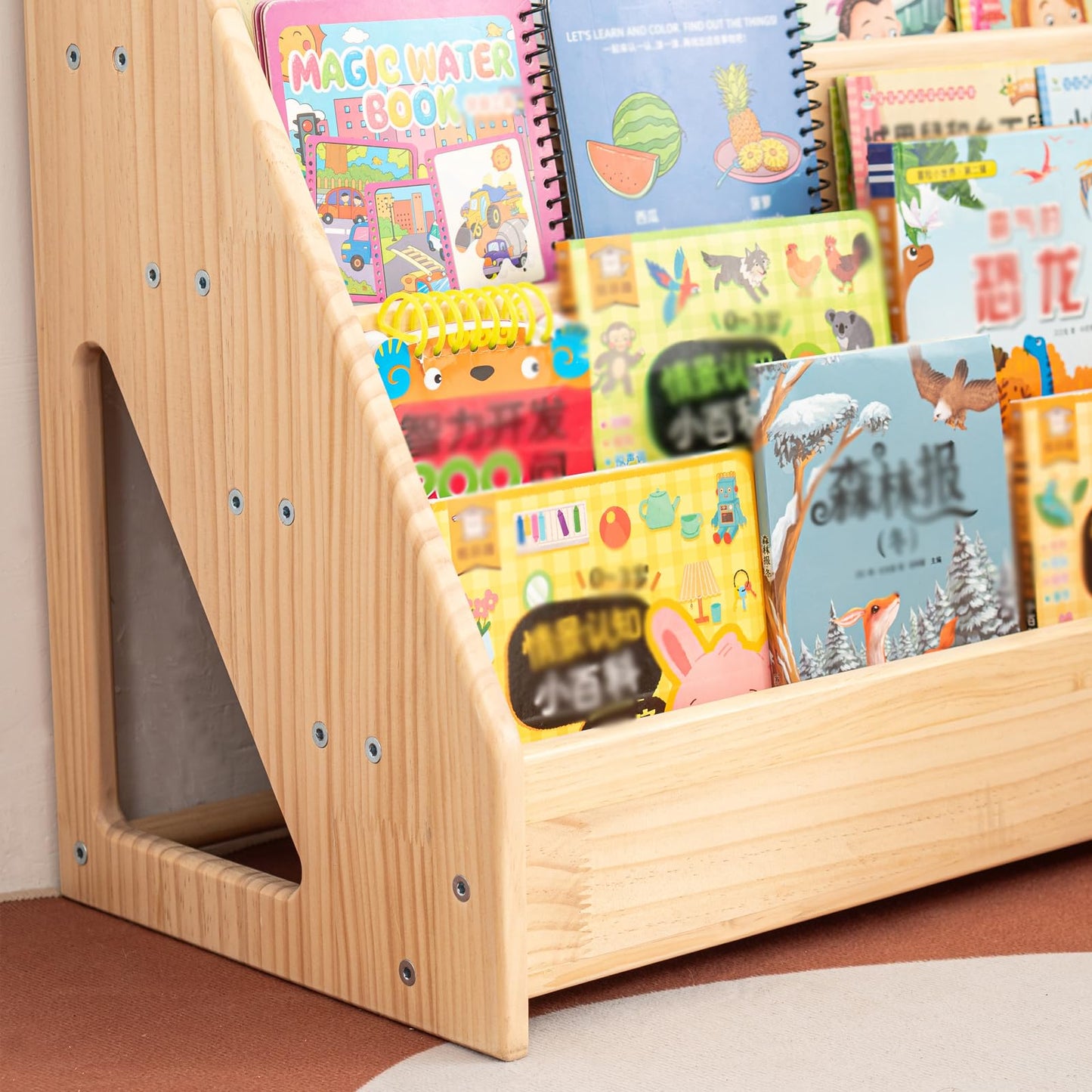 5 Tier Pine Wood Bookshelf Book Holder Wooden Kid's Book Rack Natural for Kids Room Study Room Play Room Books Magazines Storage Organizer