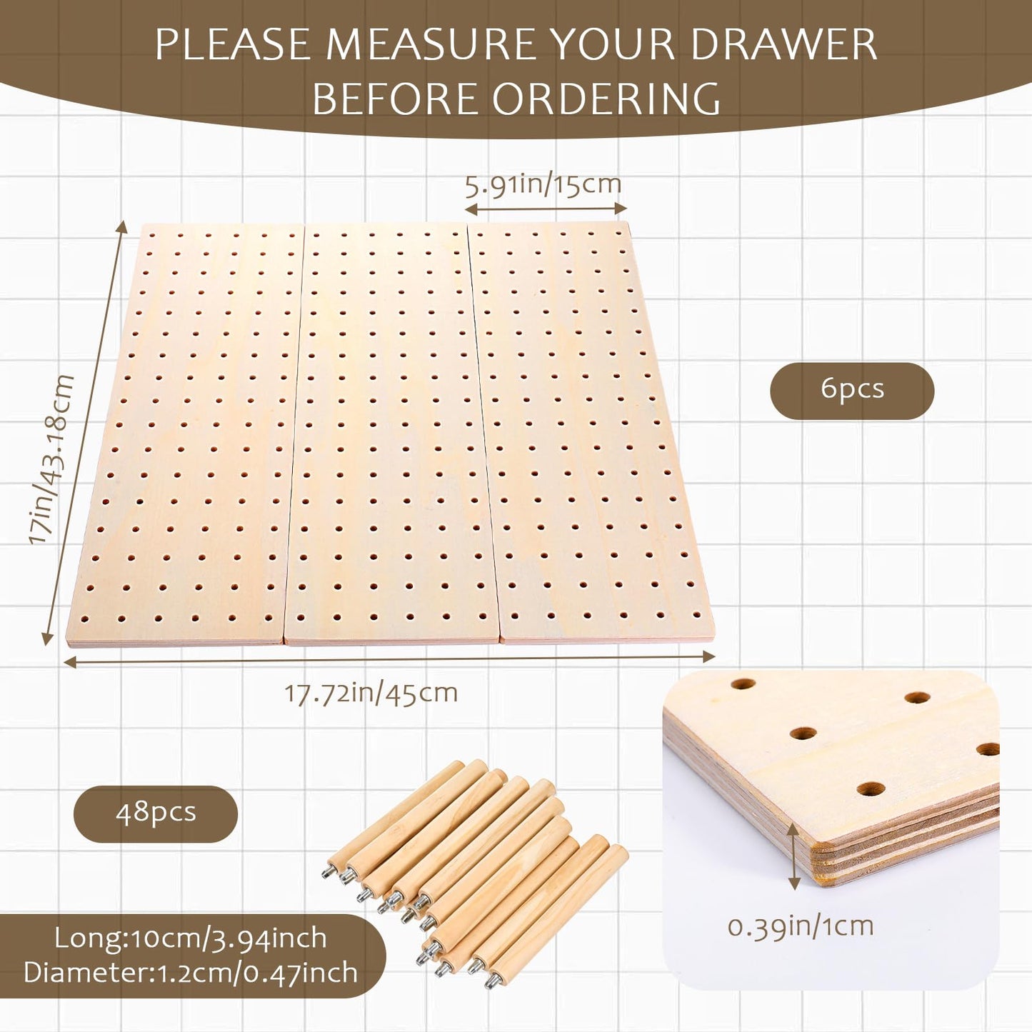 IANFAN 6 Pcs Wood Pegboard Drawer Organizer with 48 Pegs, Wooden Peg Board Drawer Shelf Organizer Adjustable Peg Drawers Organizers for Kitchen Dishes Plate Pegboard Food Containers(17x5.91, Wood)