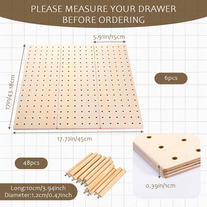 IANFAN 6 Pcs Wood Pegboard Drawer Organizer with 48 Pegs, Wooden Peg Board Drawer Shelf Organizer Adjustable Peg Drawers Organizers for Kitchen Dishes Plate Pegboard Food Containers(17x5.91, Wood)