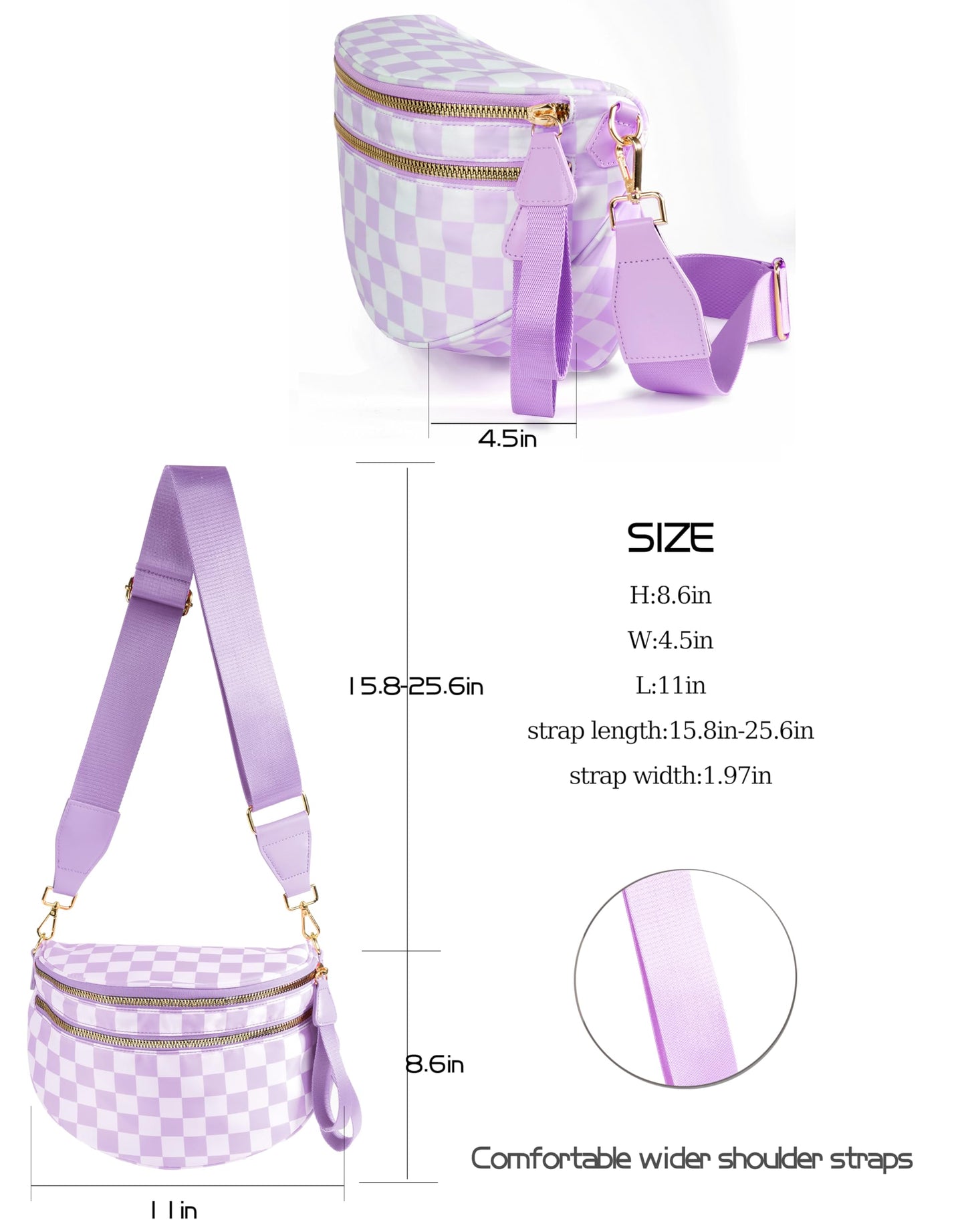 Spacious Checkered Nylon Crossbody Bag Bum Bag Checkered Handbags Wallets for Women