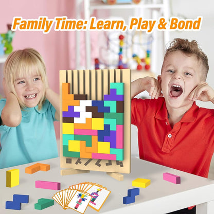 Wooden Block Puzzle Montessori Toys, Colorful Stacking Game Brain Teaser Puzzles for Toddlers and Kids with 20 Cards, Educational Wooden Toy Gifts for 3 4 5 6 7 8 Year Old Boys and Girls