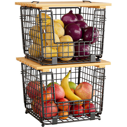 Wire Storage Basket for Kitchen Pantry: GGIU Stackable Kitchen Counter Organizers - Wire Organizing Bin for Produce Fruit Vegetable Potato and Onion Black