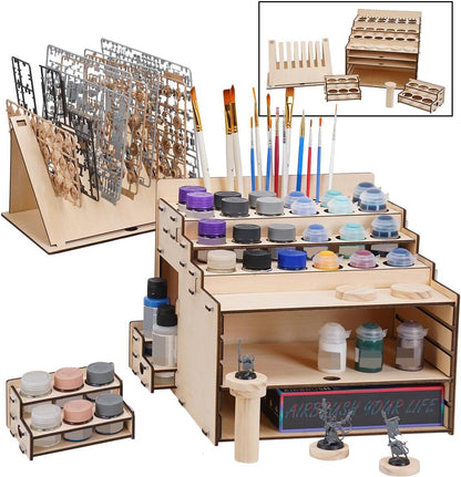 T TOGUSH Model Paint Holder with Adjustable Storage, Wooden Miniature Model Paints Organizer for 36 Paint Holes and 36 Holes of Painting Brushes wtih Model Pieces Shelf