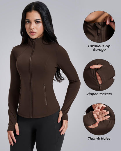 AVGO Womens Workout Jackets Lightweight Athletic Zip Up Jacket Slim Fit Running Gym Top with Pockets & Thumb Holes(Roasted Brown, L)