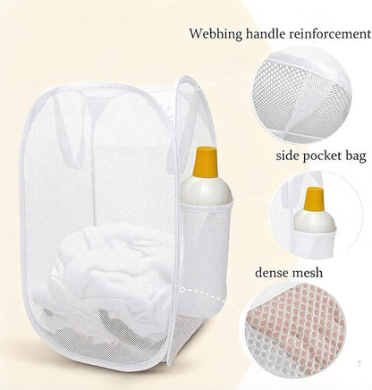 The upgraded pop-up laundry basket features a breathable side pocket mesh design