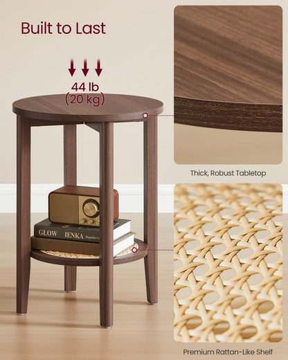 VASAGLE Round Side End Table, 2-Tier Boho Bedside Table with Rattan-Look Storage Shelf, Nightstand for Small Spaces, for Living Room, Bedroom, Home Office, Black Walnut ULET296K01