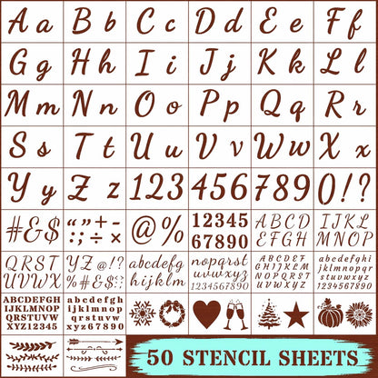 DLY Lifestyle Large Letter Stencils for Painting on Wood - 50 Pc Alphabet & Number Stencils for Crafts Reusable - Custom Cursive Lettering for Signs, Chalkboard, Fabric - Decorative & Seasonal Images