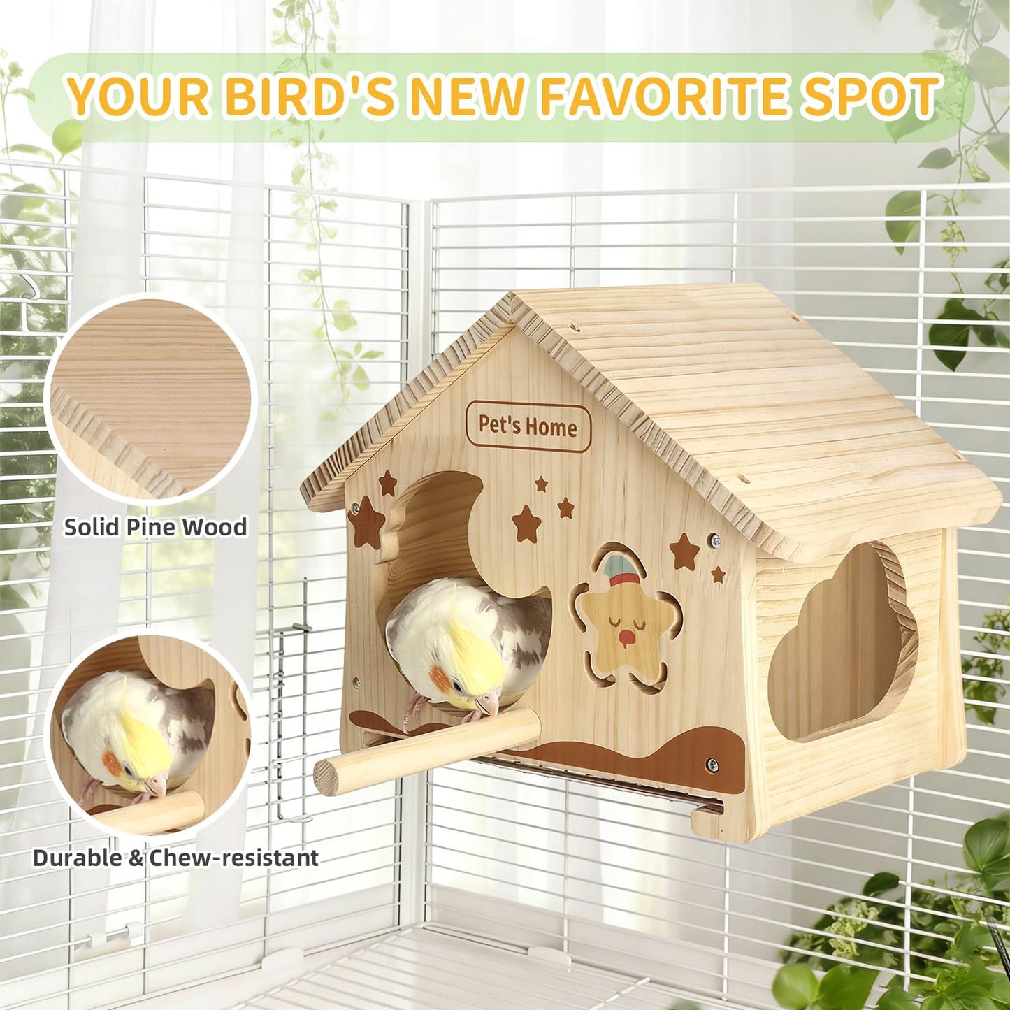 Wooden Bird House with Removable Wood Tray & Stainless Steel Mesh Bottom, DIY Paintable Birdhouse for Lovebirds Budgies Cockatiels Conures, Cozy Bird Nest Indoor Outdoor Use (Wood Tray + Steel Mesh)