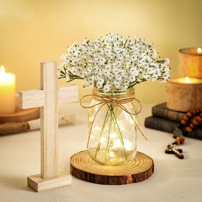 Wavwavw 37 Pcs/4 Sets Baptism Centerpieces for Table Cross Mason Jar Centerpieces with Wooden Cross Crafts Light Strings for Baptism First Communion Church Wedding Favors(Baby's Breath)