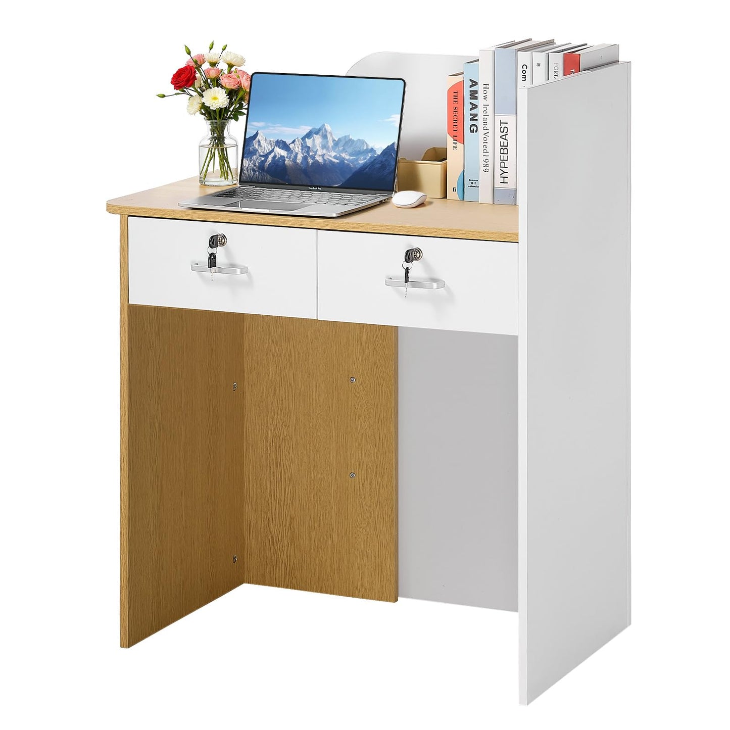 VEVOR Reception Desk, 31.5 inch Rectangular Front Counter Table, Modern Office Reception Desk with LED Light, 2 Drawers & Power Outlets, Retail Counter Table for Checkout, Lobby, Beauty Salon, Office
