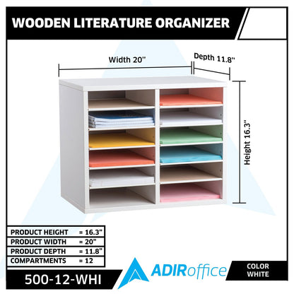 AdirOffice Wooden Literature Organizer Sorter (12 Compartment, White) Wooden Literature Organizer Sorter (16 Compartment, White) Bundle