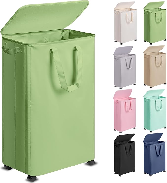 Slim Laundry Hamper with Lid and Wheels, Small Rolling Laundry Basket with