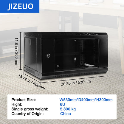 6U Wall Mount Server Cabinet IT Network Rack Enclosure Lockable Glass Door Black