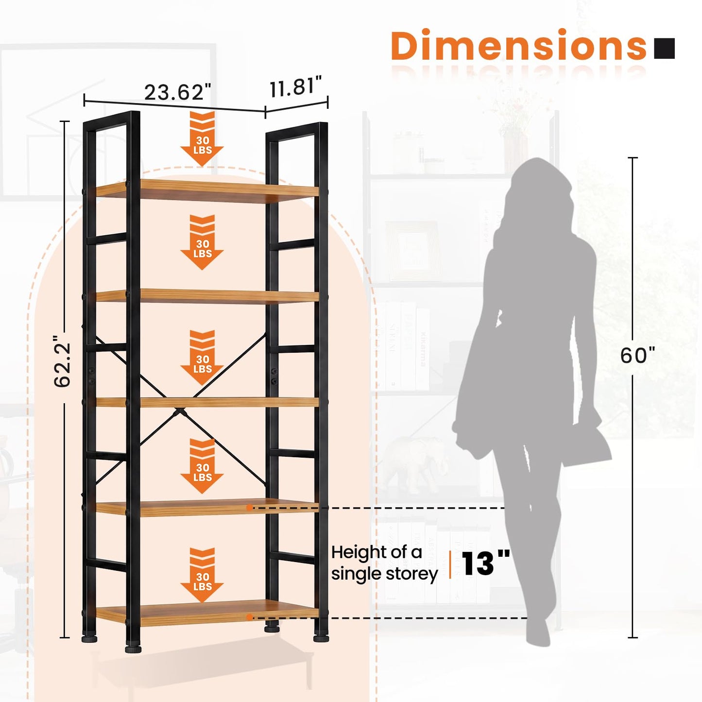 Sweetcrispy Book Shelf, 5 Tier Bookcase, Modern Tall Bookshelf for Garage Kit, CDs, Movies, Industrial Corner Storage Organizer for Bedroom Home Office Kitchen Living Room, Wood