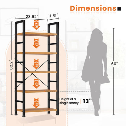 Sweetcrispy Book Shelf, 5 Tier Bookcase, Modern Tall Bookshelf for Garage Kit, CDs, Movies, Industrial Corner Storage Organizer for Bedroom Home Office Kitchen Living Room, Wood