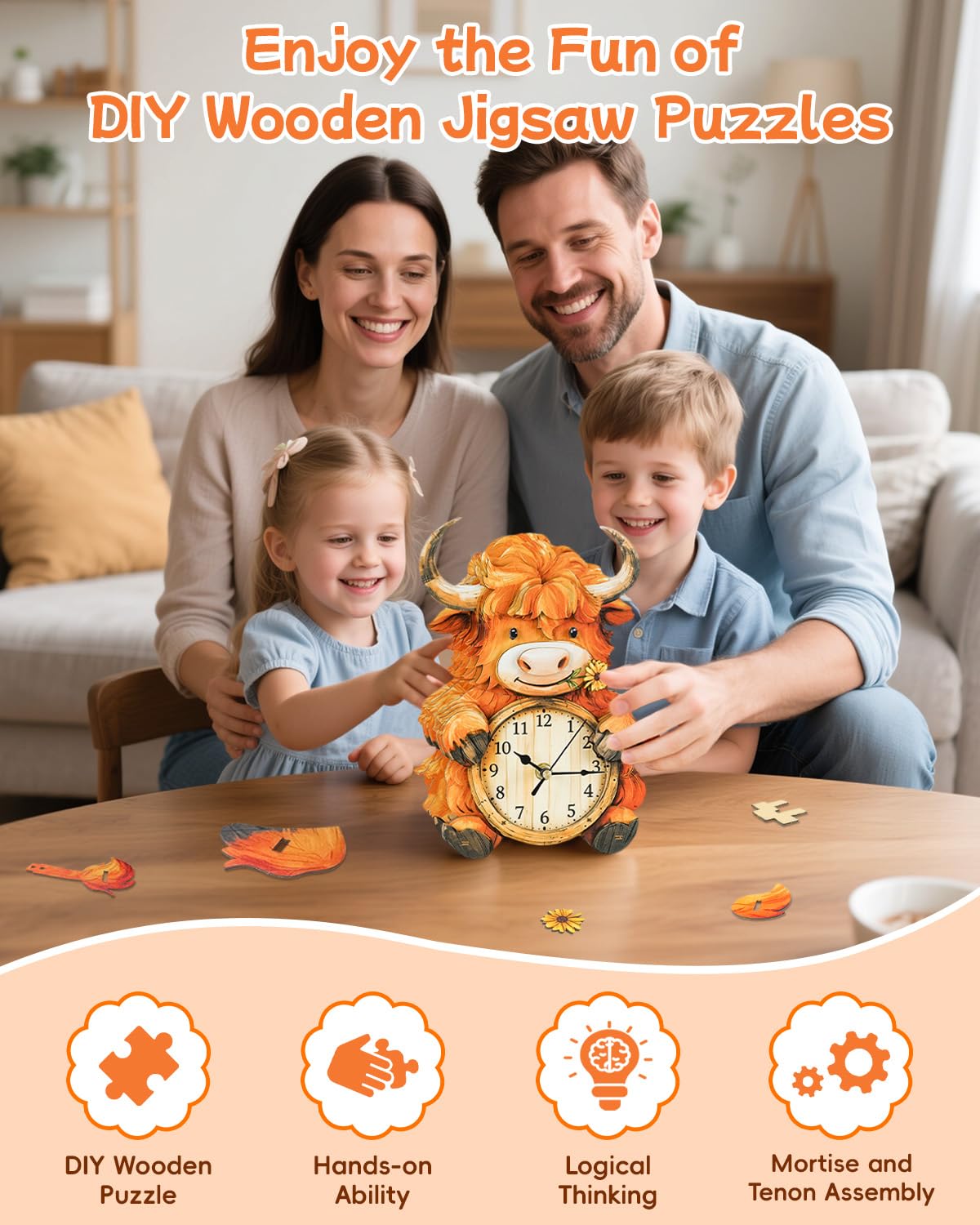 Rnfinewow 3D Puzzles for Adults, Highland Cow Clock Kit with Pendulum, 3D Wooden Puzzles Model Kit Home Decor DIY Wall Clock Highland Cow Puzzle Birthday Gifts for Women Men