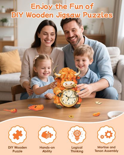 Rnfinewow 3D Puzzles for Adults, Highland Cow Clock Kit with Pendulum, 3D Wooden Puzzles Model Kit Home Decor DIY Wall Clock Highland Cow Puzzle Birthday Gifts for Women Men