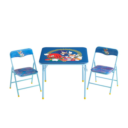 Sega Sonic The Hedgehog Kids Table and Chair Set, 3-Piece Square Table with 2 Folding Chairs for Playroom & Activities