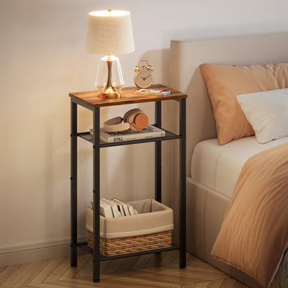 Hoctieon 2-Set 3 Tier End Table, Telephone Table Set of 2, Tall Side Table with Storage Set of 2, Small Nightstand for Small Spaces, Metal Frame, for Living Room, Bedroom, Sofa Couch, Rustic Brown