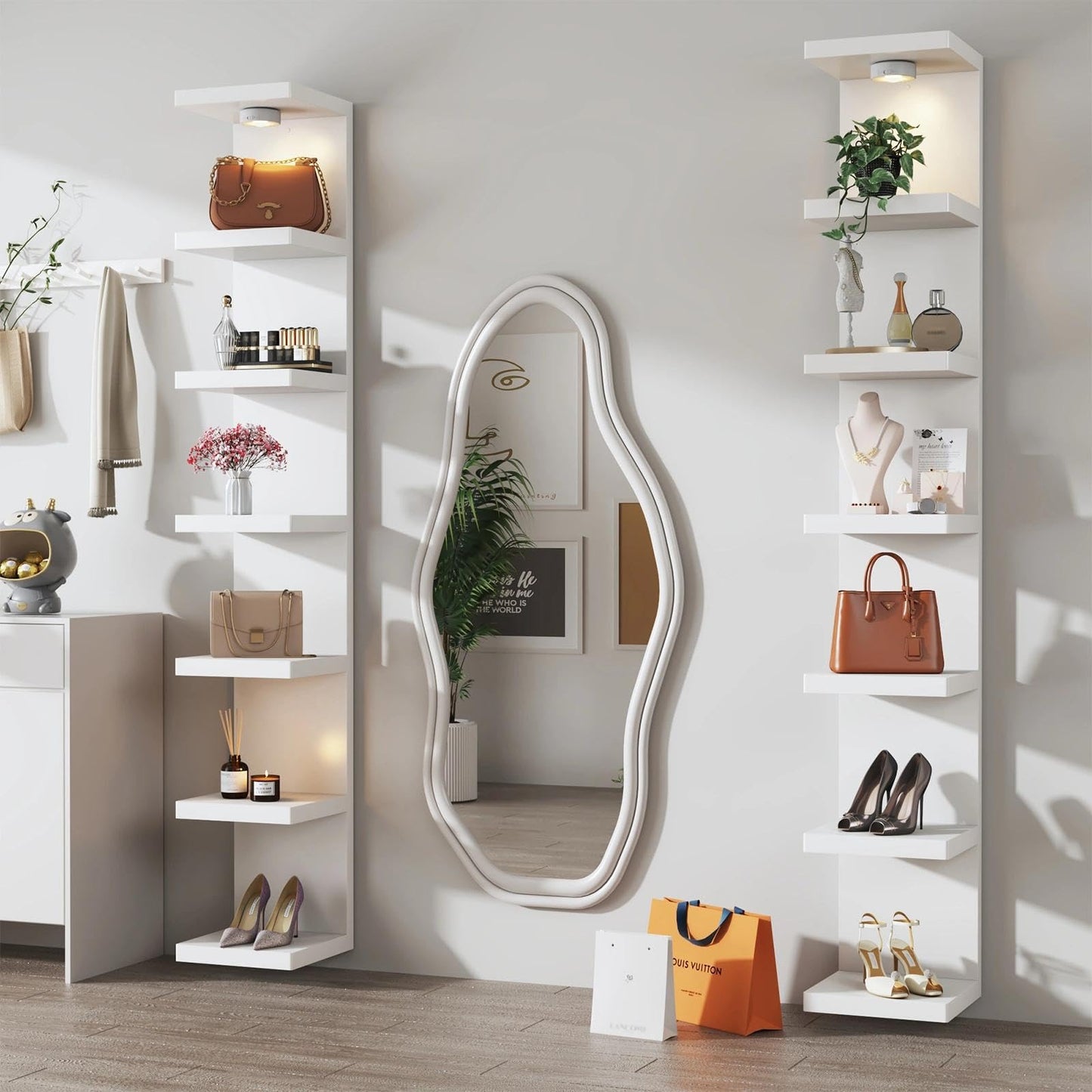 White 7-Tier Vertical Wall Shelf Unit with USB Rechargeable Led Light (Remote Controlled),Versatile Floating Display Shelves,Lack Style Wall Shelves for Bedroom,Living Room,Office Decor,Vanity