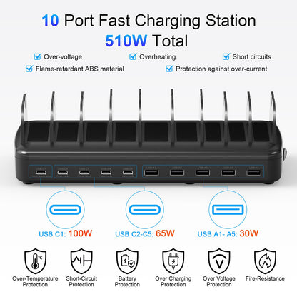 510W Fast Charging Station for Multiple Devices, 10 Port USB C Charger Station with Flame-Retardant Material & 8 Cables for iPhone, Android, iPad, Tablets, Family Office Desk Charging Dock Organizer