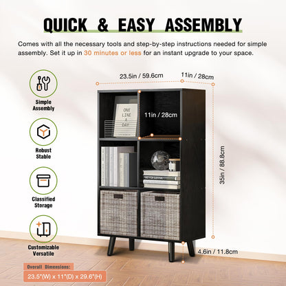 ELYUP 6-Cube Open Shelf Bookcase - 3-Tier Wooden Floor-Standing Bookshelf with Legs and Backpanel, Ideal for 11-inch Fabric Storage Bins and Miscellaneous Organizer, Black