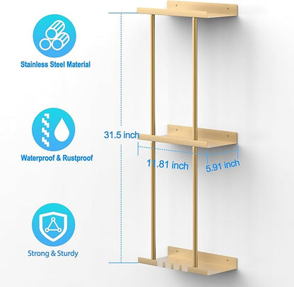 Liuoud Towel Rack for Bathroom, Wall Mounted Vertical Rolled Towel Storage Organizer Holder with Shelf, Holds Up 6 Large Bath Sheets, Gold Large Size