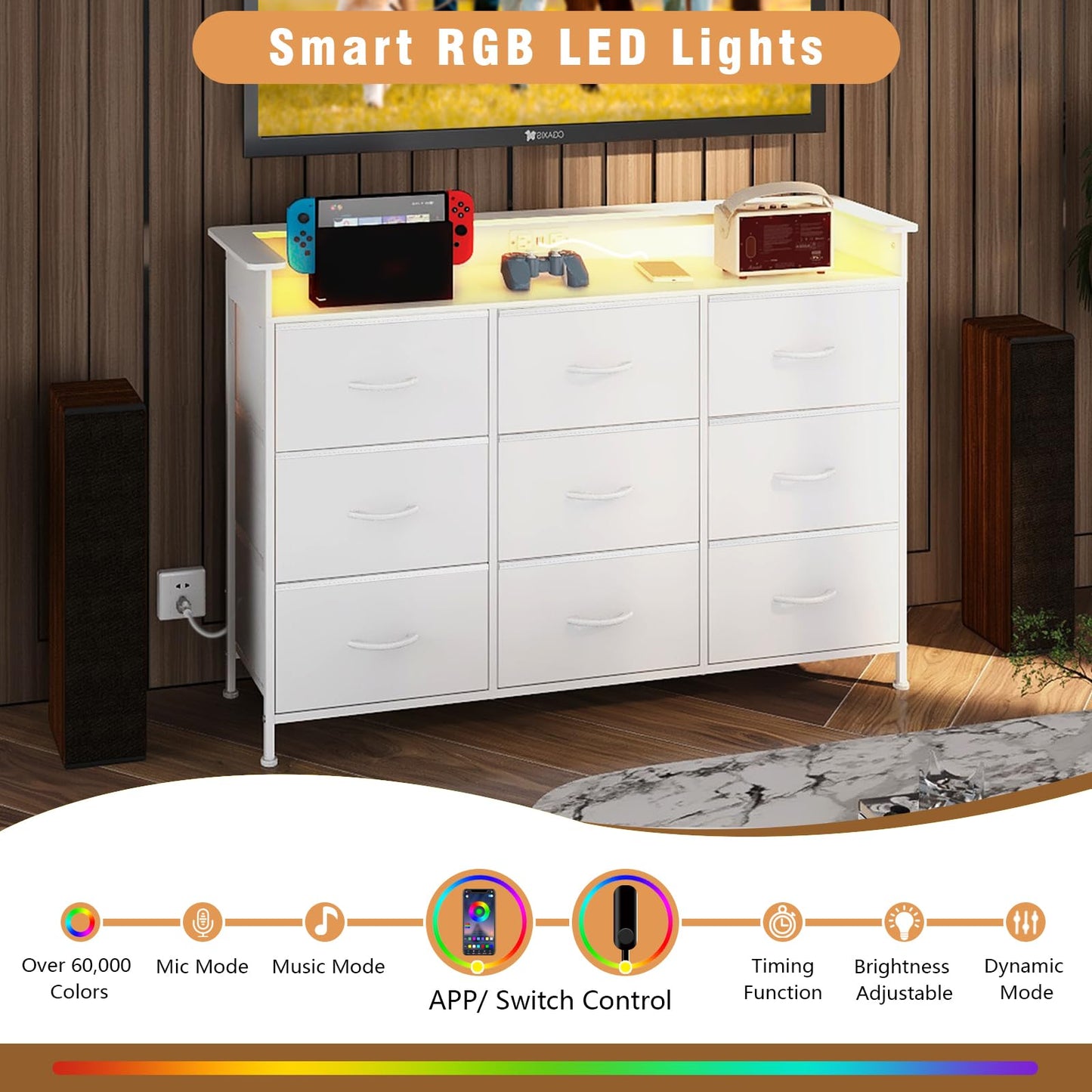 EXOTICA White Dresser with LED Light for Bedroom 9 Drawer Dressers with Charging Station Chests of Drawers for Entryway Closet Living Room Hallway Sturdy Steel Frame Wooden Top Easy Pull Handle