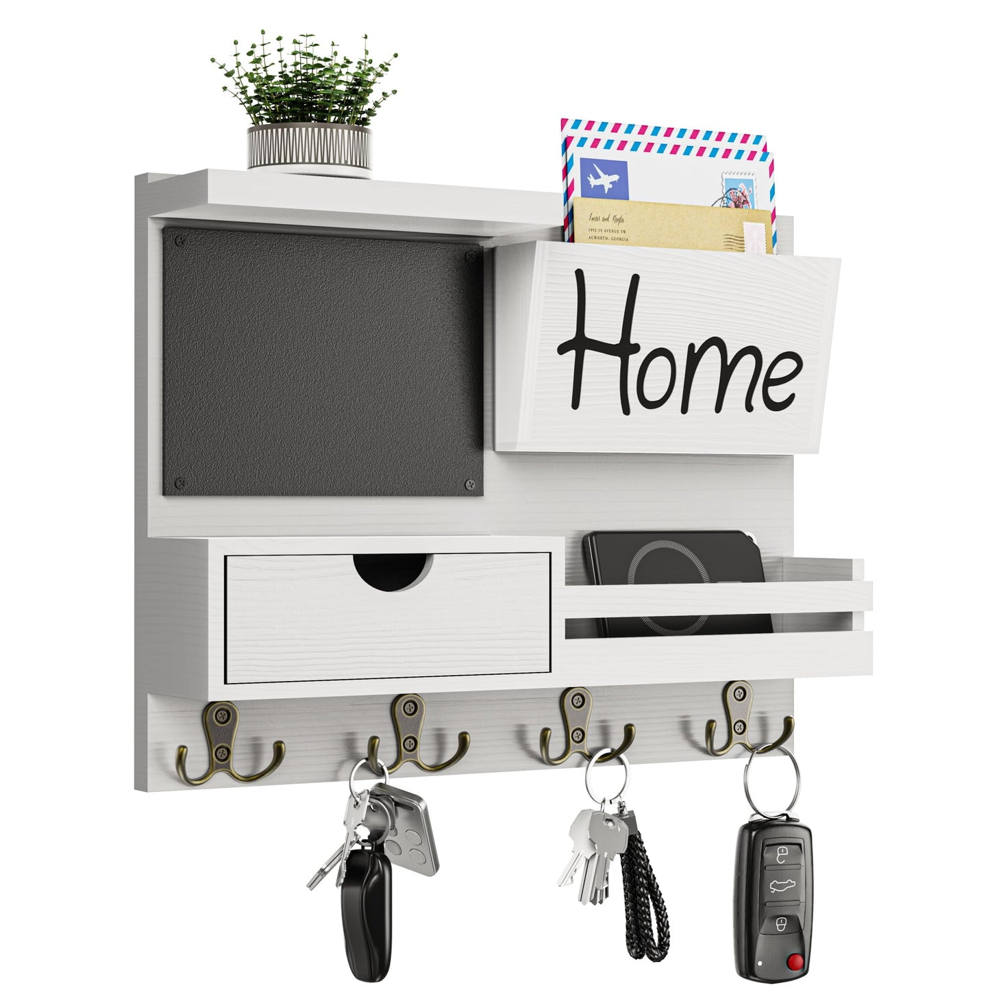 Farmhouse Key Holder for Wall with Mail Organizer - Easy Installation Wall Mount Organizer, Includes Chalkboard, Drawer, Wallet Holder & 4 Double Hooks, Ideal for Entryway, Quick Access - White