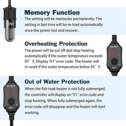 YOFOTHS Adjustable Mini Aquarium Heater 0.5/1/2/3 Gallon Submersible Small Fish Tank Heater 10W/20W/30W Digital Display Thermostat External Temperature Controller(20W)