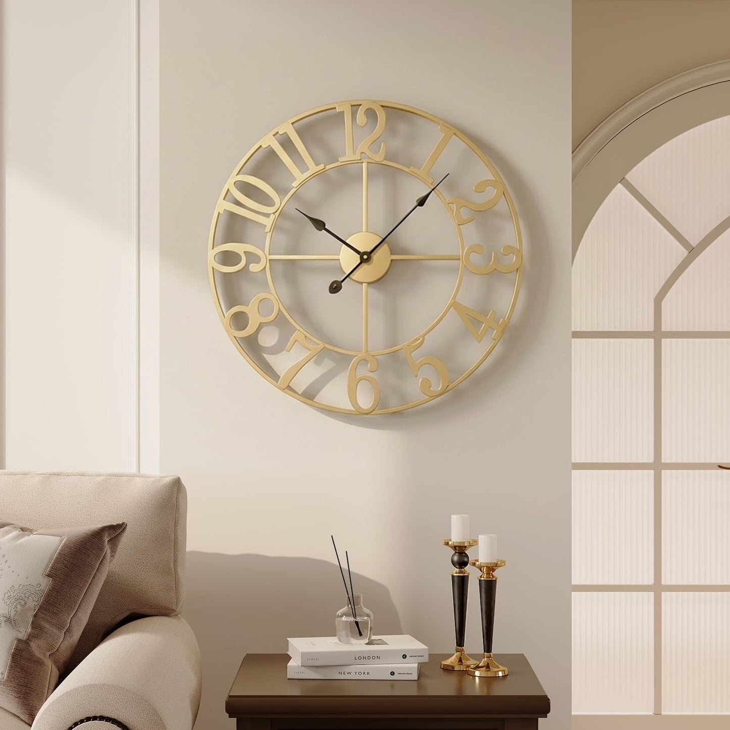 Large Wall Clock Gold Clocks for Living Room, 24 Inch Decorative Wall Clocks Battery-Operated, Modern Metal Round Clock Silent Non Ticking for Kitchen Mantel Bedroom Office Decor, Arabic Numerals