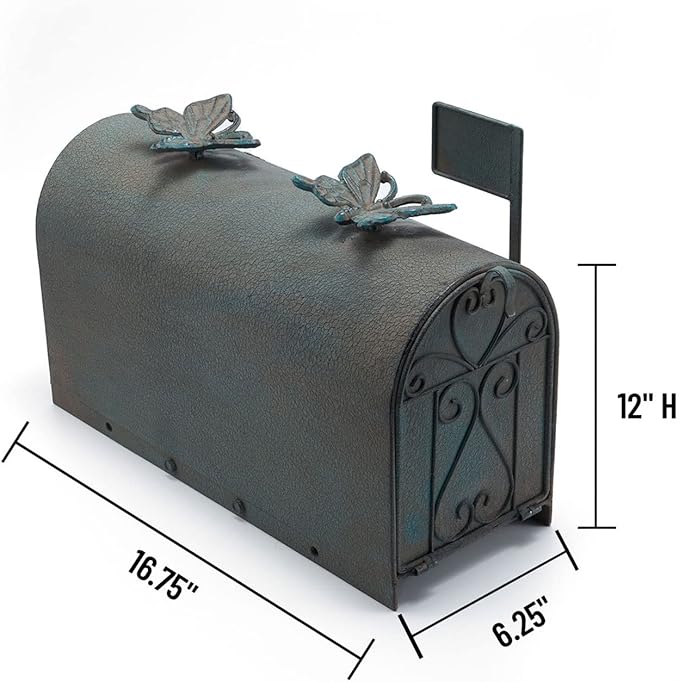 Heavy Duty Galvanized Steel Mailbox Post, Rural Mail Box Postal Storage Box with Butterfly Decoration (Vintage Green)