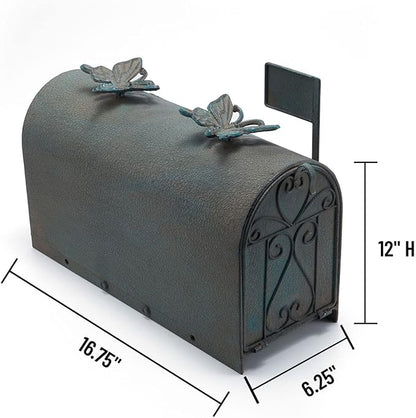 Heavy Duty Galvanized Steel Mailbox Post, Rural Mail Box Postal Storage Box with Butterfly Decoration (Vintage Green)